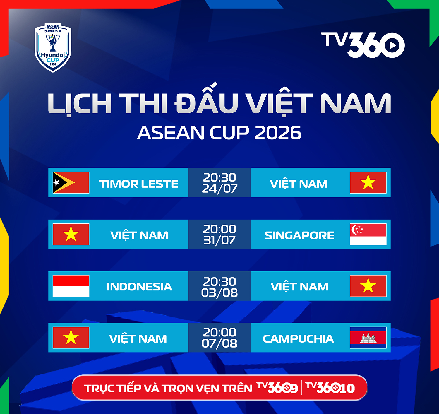 Xem trực tiếp đội tuyển Việt Nam đá ASEAN Cup 2026 trên kênh nào?

